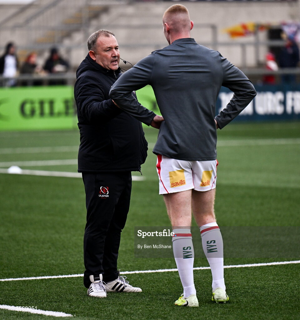 10 October 2026; Ulster head coach Richie Murphy, left, with Nathan Doak of Ulster before the United Rugby Championship match between Ulster and Munster at Affidea Stadium in Belfast. Photo by Ben McShane/Sportsfile