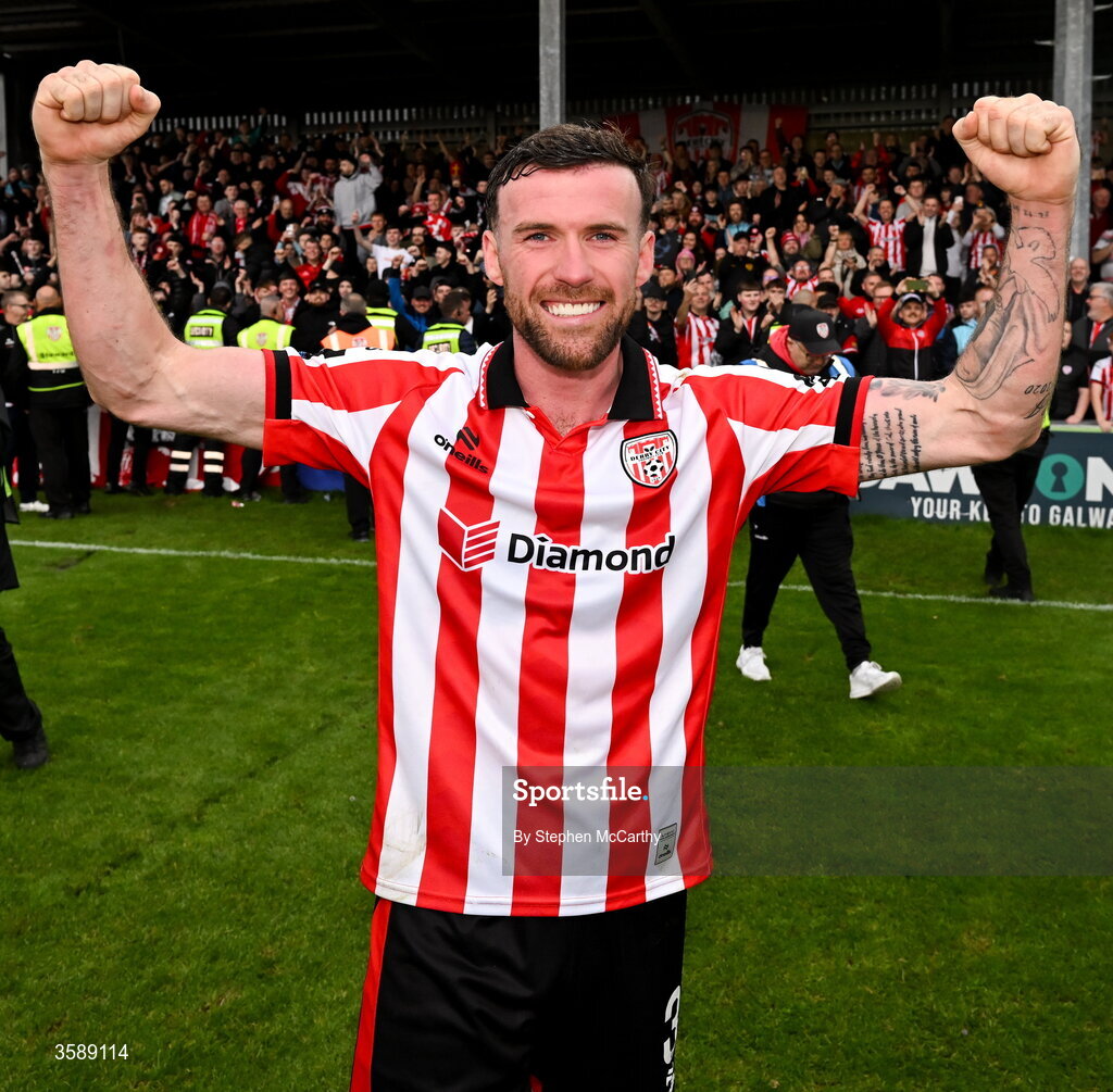 10 October 2026; Patrick McClean of Derry City celebrates following the Club Orange Men's FAI Cup semi-final match between Galway and Derry City at Eamonn Deacy Park in Galway. Photo by Stephen McCarthy/Sportsfile
