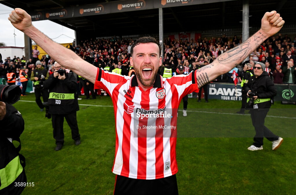 10 October 2026; Patrick McClean of Derry City celebrates following the Club Orange Men's FAI Cup semi-final match between Galway and Derry City at Eamonn Deacy Park in Galway. Photo by Stephen McCarthy/Sportsfile