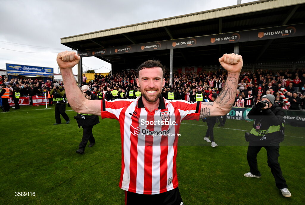 10 October 2026; Patrick McClean of Derry City celebrates following the Club Orange Men's FAI Cup semi-final match between Galway and Derry City at Eamonn Deacy Park in Galway. Photo by Stephen McCarthy/Sportsfile