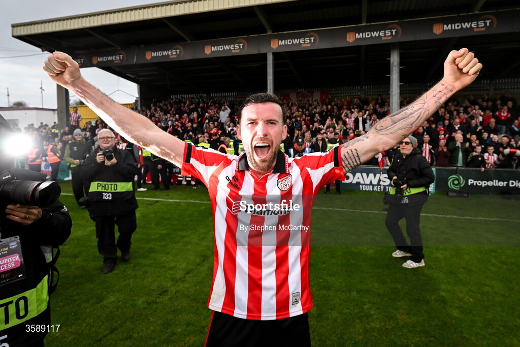10 October 2026; Patrick McClean of Derry City celebrates following the Club Orange Men's FAI Cup semi-final match between Galway and Derry City at Eamonn Deacy Park in Galway. Photo by Stephen McCarthy/Sportsfile