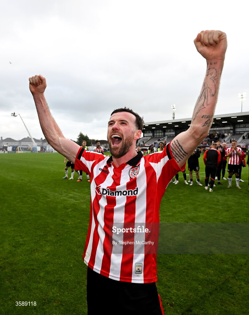 10 October 2026; Patrick McClean of Derry City celebrates following the Club Orange Men's FAI Cup semi-final match between Galway and Derry City at Eamonn Deacy Park in Galway. Photo by Stephen McCarthy/Sportsfile