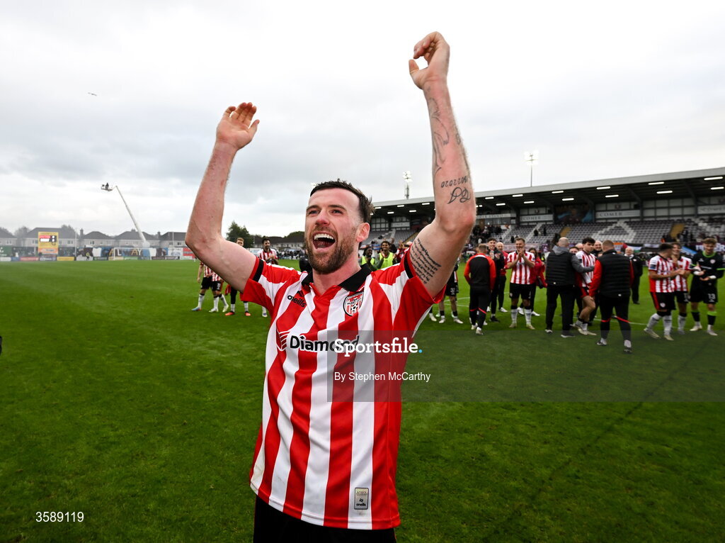 10 October 2026; Patrick McClean of Derry City celebrates following the Club Orange Men's FAI Cup semi-final match between Galway and Derry City at Eamonn Deacy Park in Galway. Photo by Stephen McCarthy/Sportsfile