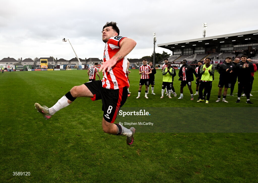 10 October 2026; Adam O'Reilly of Derry City celebrates following the Club Orange Men's FAI Cup semi-final match between Galway and Derry City at Eamonn Deacy Park in Galway. Photo by Stephen McCarthy/Sportsfile