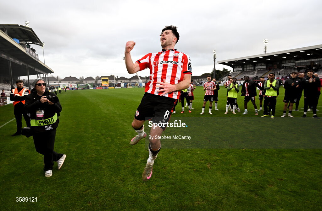 10 October 2026; Adam O'Reilly of Derry City celebrates following the Club Orange Men's FAI Cup semi-final match between Galway and Derry City at Eamonn Deacy Park in Galway. Photo by Stephen McCarthy/Sportsfile