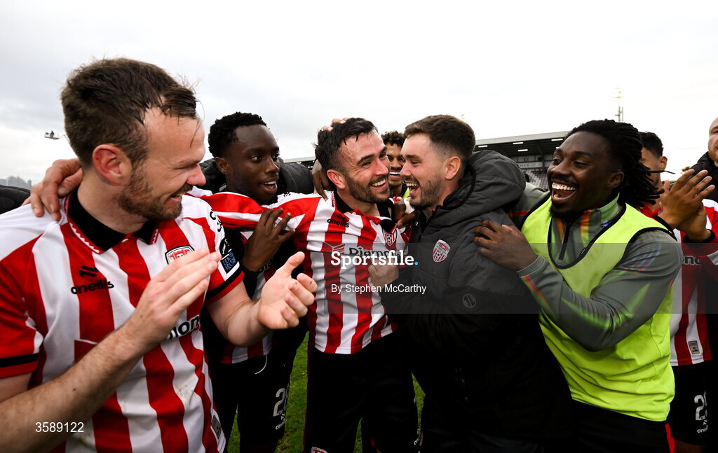 10 October 2026; Derry City players, from left, Cameron Dummigan, James Olayinka, Michael Duffy goalkeeper Brian Maher and Kevin dos Santos celebrate following the Club Orange Men's FAI Cup semi-final match between Galway and Derry City at Eamonn Deacy Park in Galway. Photo by Stephen McCarthy/Sportsfile