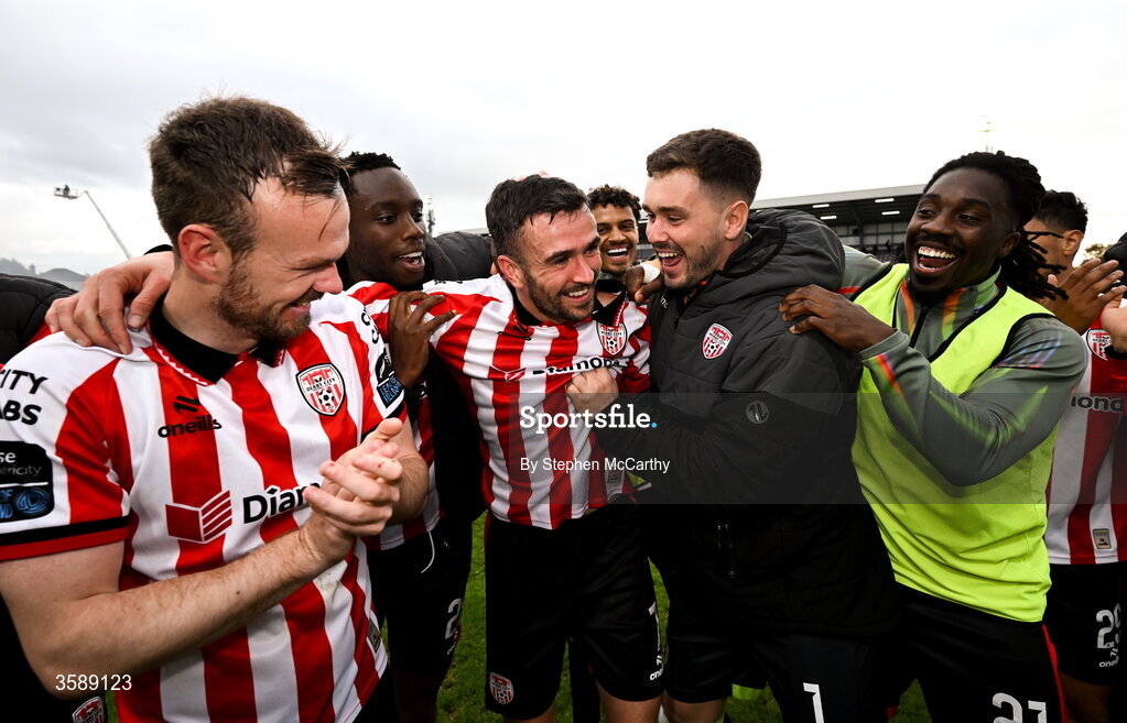 10 October 2026; Derry City players, from left, Cameron Dummigan, James Olayinka, Michael Duffy goalkeeper Brian Maher and Kevin dos Santos celebrate following the Club Orange Men's FAI Cup semi-final match between Galway and Derry City at Eamonn Deacy Park in Galway. Photo by Stephen McCarthy/Sportsfile