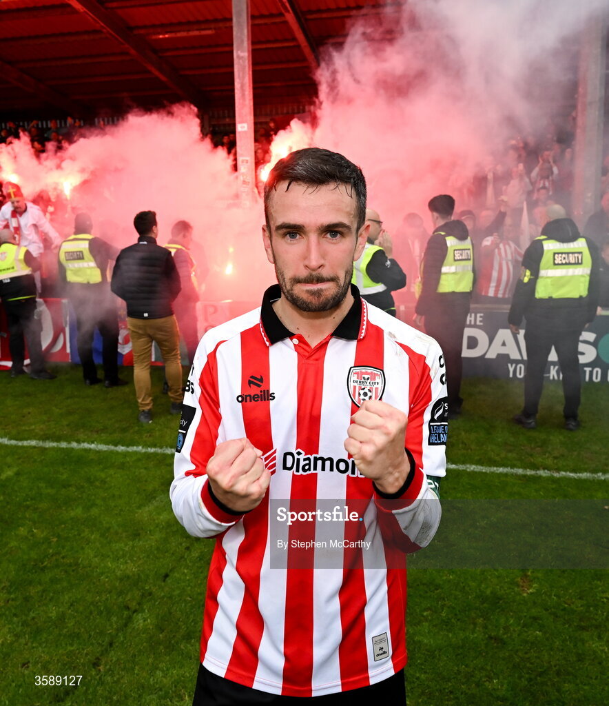 10 October 2026; Michael Duffy of Derry City celebrates following the Club Orange Men's FAI Cup semi-final match between Galway and Derry City at Eamonn Deacy Park in Galway. Photo by Stephen McCarthy/Sportsfile