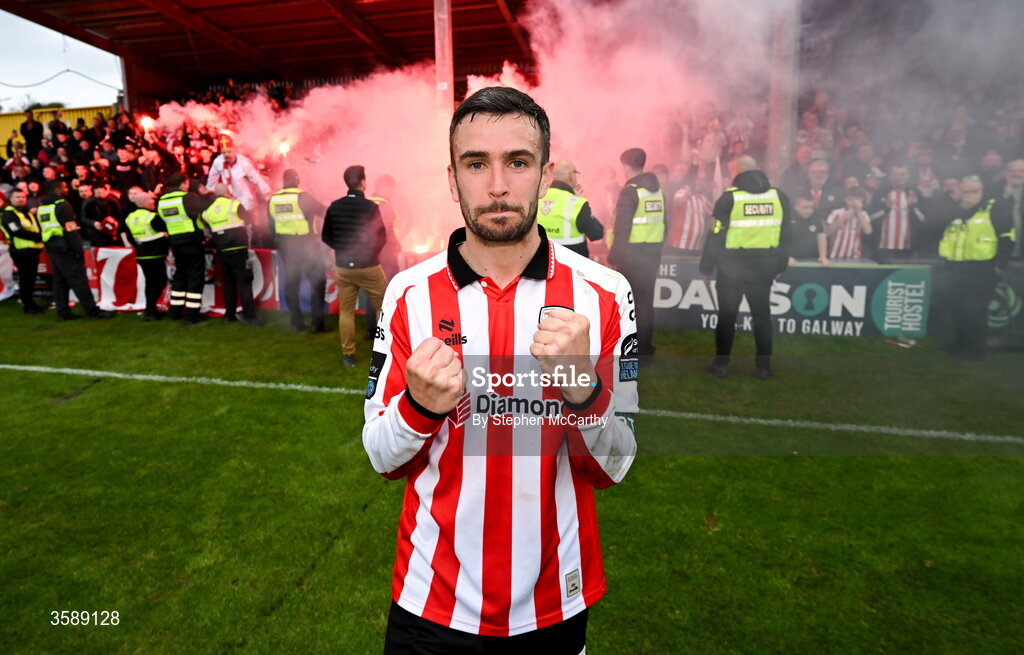 10 October 2026; Michael Duffy of Derry City celebrates following the Club Orange Men's FAI Cup semi-final match between Galway and Derry City at Eamonn Deacy Park in Galway. Photo by Stephen McCarthy/Sportsfile