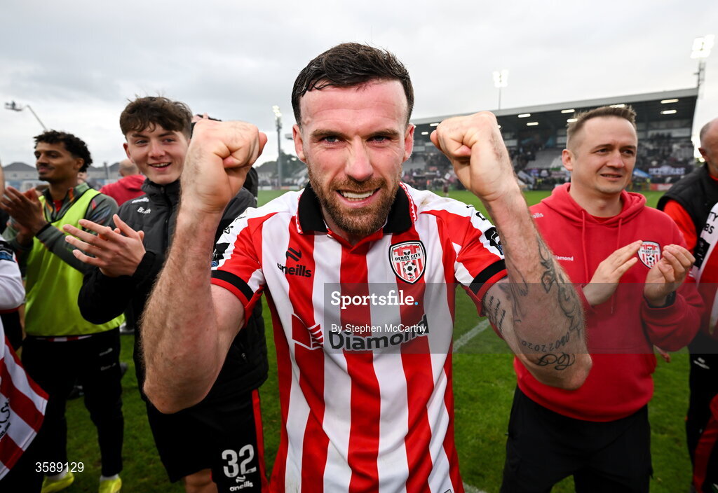 10 October 2026; Patrick McClean of Derry City celebrates following the Club Orange Men's FAI Cup semi-final match between Galway and Derry City at Eamonn Deacy Park in Galway. Photo by Stephen McCarthy/Sportsfile