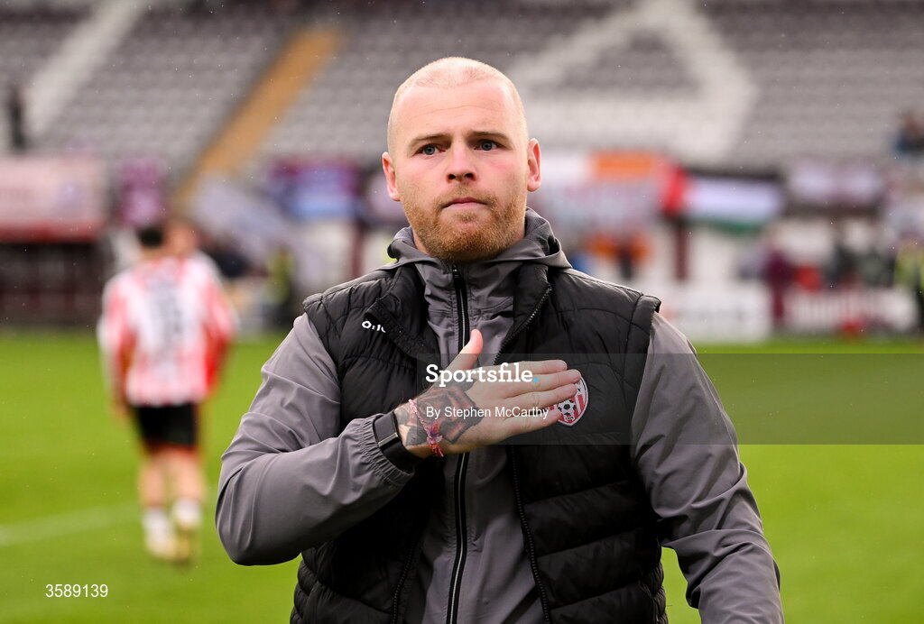 10 October 2026; Derry City interim manager Mark Connolly celebrates following the Club Orange Men's FAI Cup semi-final match between Galway and Derry City at Eamonn Deacy Park in Galway. Photo by Stephen McCarthy/Sportsfile