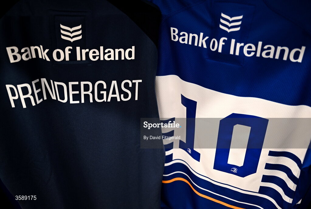 10 October 2026; The jersey of Sam Prendergast of Leinster is seen in the dressing room before the United Rugby Championship match between Leinster and Cardiff at the Laya Arena in Dublin. Photo by David Fitzgerald/Sportsfile