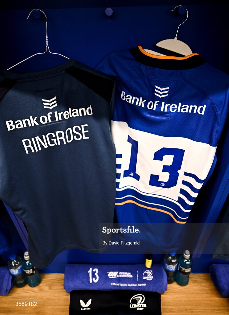 10 October 2026; The jersey of Garry Ringrose of Leinster is seen in the dressing room before the United Rugby Championship match between Leinster and Cardiff at the Laya Arena in Dublin. Photo by David Fitzgerald/Sportsfile