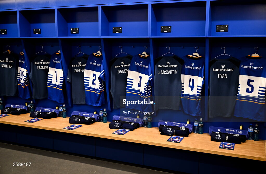 10 October 2026; A general view in the Leinster dressing room before the United Rugby Championship match between Leinster and Cardiff at the Laya Arena in Dublin. Photo by David Fitzgerald/Sportsfile