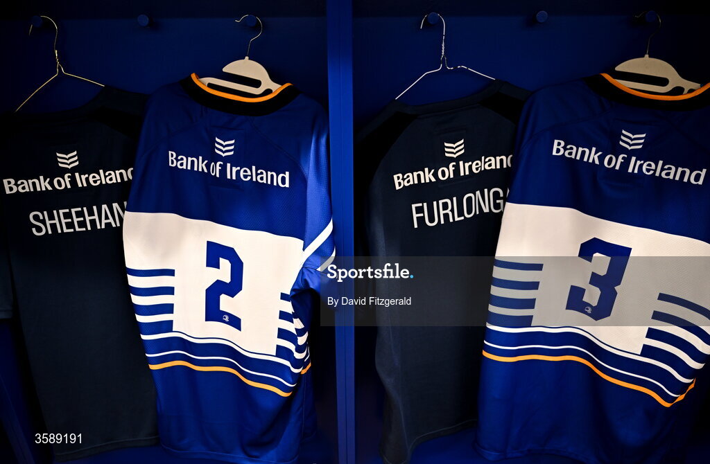 10 October 2026; The jerseys of Dan Sheehan and Tadhg Furlong of Leinster are seen in the dressing room before the United Rugby Championship match between Leinster and Cardiff at the Laya Arena in Dublin. Photo by David Fitzgerald/Sportsfile