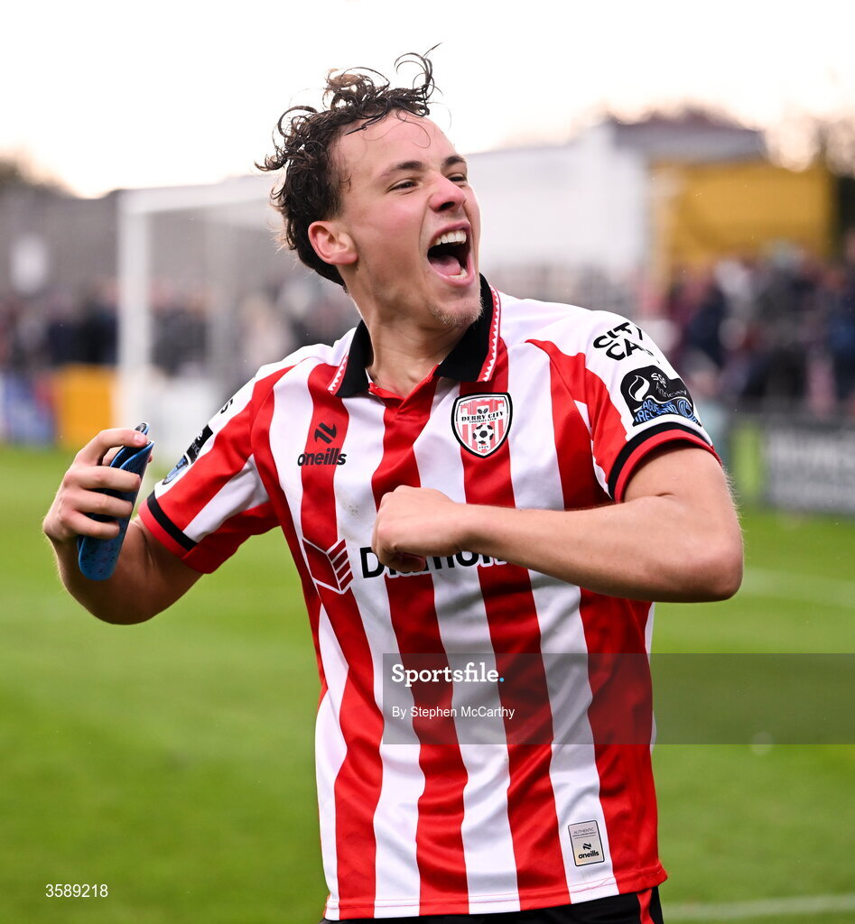 10 October 2026; Nick Twisk of Derry City celebrates following the Club Orange Men's FAI Cup semi-final match between Galway and Derry City at Eamonn Deacy Park in Galway. Photo by Stephen McCarthy/Sportsfile