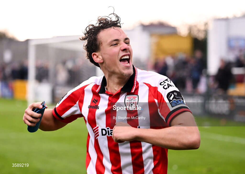 10 October 2026; Nick Twisk of Derry City celebrates following the Club Orange Men's FAI Cup semi-final match between Galway and Derry City at Eamonn Deacy Park in Galway. Photo by Stephen McCarthy/Sportsfile