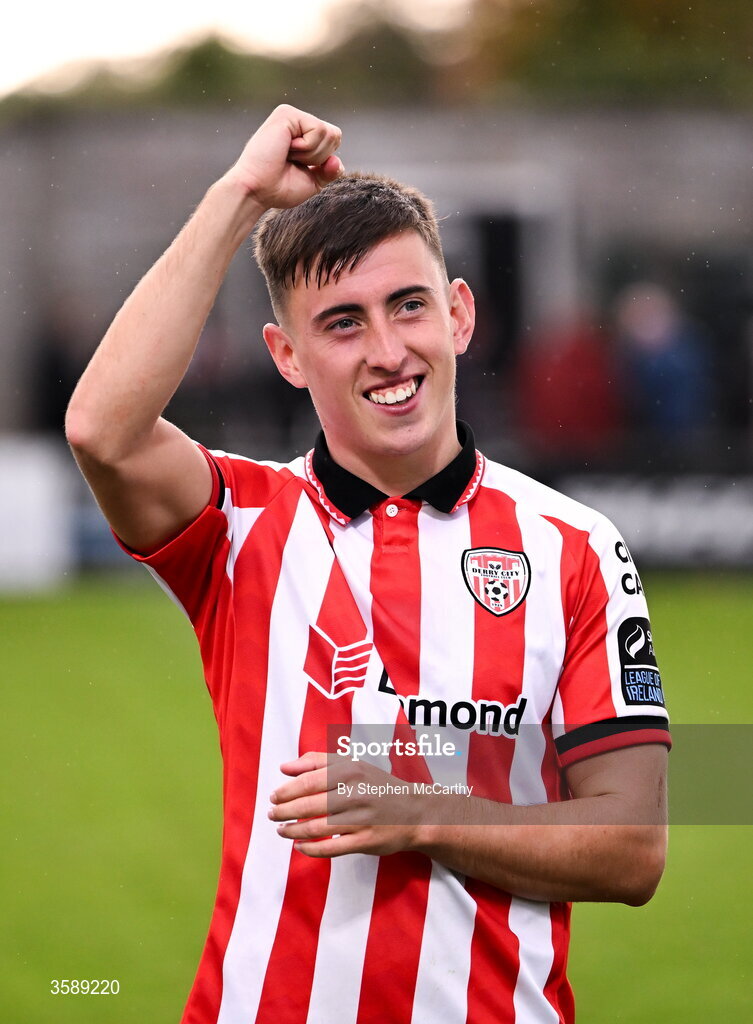 10 October 2026; Darragh Burns of Derry City celebrates following the Club Orange Men's FAI Cup semi-final match between Galway and Derry City at Eamonn Deacy Park in Galway. Photo by Stephen McCarthy/Sportsfile