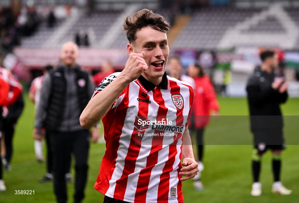 10 October 2026; Conor Barr of Derry City celebrates following the Club Orange Men's FAI Cup semi-final match between Galway and Derry City at Eamonn Deacy Park in Galway. Photo by Stephen McCarthy/Sportsfile
