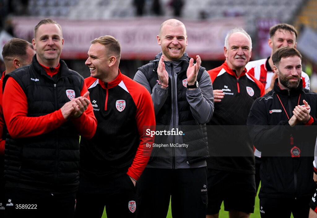 10 October 2026; Derry City interim manager Mark Connolly and his staff celebrates following the Club Orange Men's FAI Cup semi-final match between Galway and Derry City at Eamonn Deacy Park in Galway. Photo by Stephen McCarthy/Sportsfile