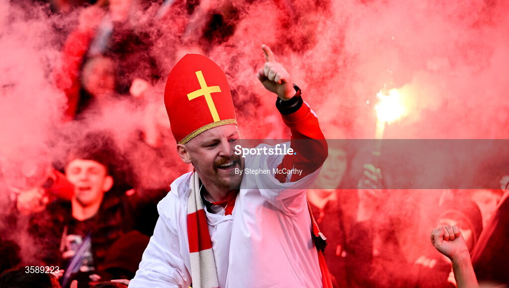 10 October 2026; A Derry City supporter celebrates after the Club Orange Men's FAI Cup semi-final match between Galway and Derry City at Eamonn Deacy Park in Galway. Photo by Stephen McCarthy/Sportsfile