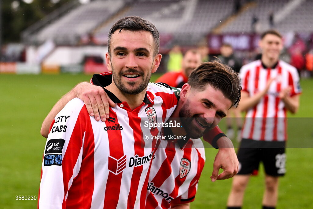 10 October 2026; Michael Duffy, left, and Brandon Fleming of Derry City celebrate following the Club Orange Men's FAI Cup semi-final match between Galway and Derry City at Eamonn Deacy Park in Galway. Photo by Stephen McCarthy/Sportsfile