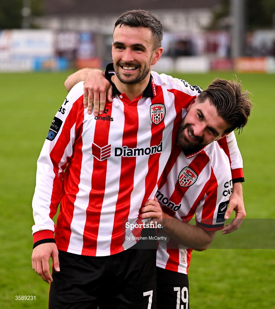 10 October 2026; Michael Duffy, left, and Brandon Fleming of Derry City celebrate following the Club Orange Men's FAI Cup semi-final match between Galway and Derry City at Eamonn Deacy Park in Galway. Photo by Stephen McCarthy/Sportsfile