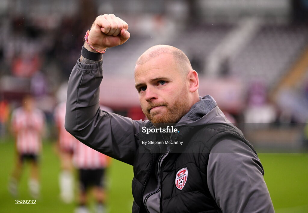 10 October 2026; Derry City interim manager Mark Connolly celebrates following the Club Orange Men's FAI Cup semi-final match between Galway and Derry City at Eamonn Deacy Park in Galway. Photo by Stephen McCarthy/Sportsfile