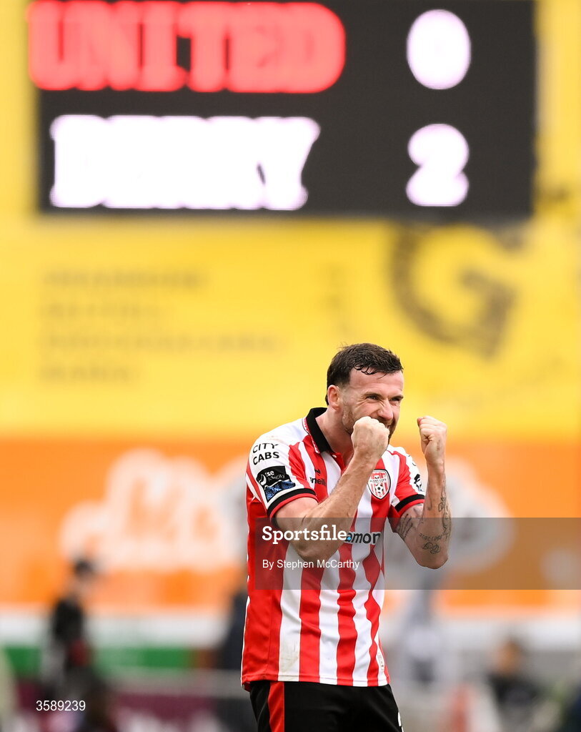 10 October 2026; Patrick McClean of Derry City celebrates following the Club Orange Men's FAI Cup semi-final match between Galway and Derry City at Eamonn Deacy Park in Galway. Photo by Stephen McCarthy/Sportsfile