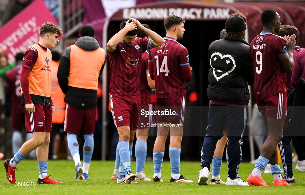 10 October 2026; Galway United players following their side's defeat in the Club Orange Men's FAI Cup semi-final match between Galway and Derry City at Eamonn Deacy Park in Galway. Photo by Stephen McCarthy/Sportsfile