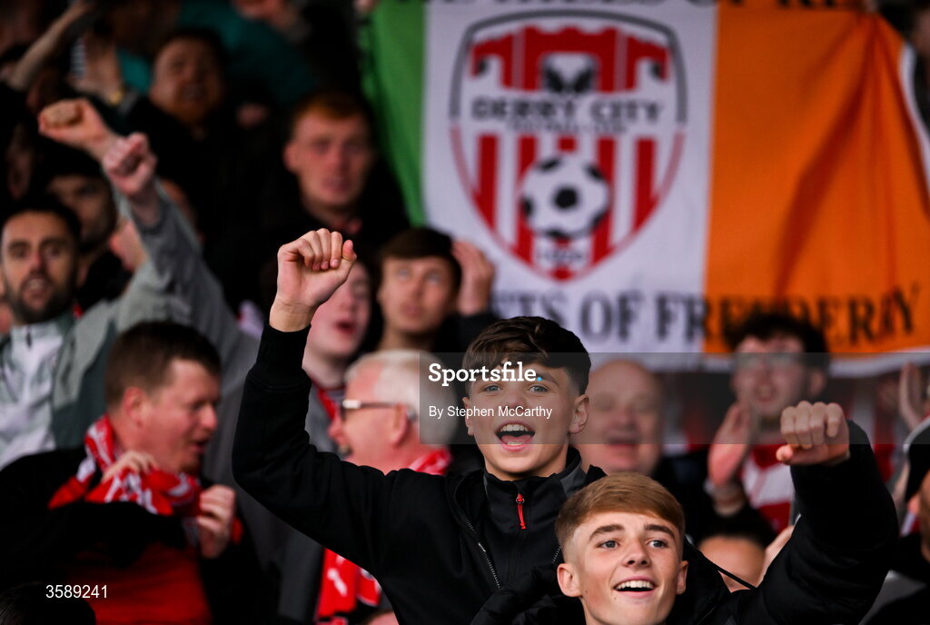 10 October 2026; Derry City supporters celebrate following the Club Orange Men's FAI Cup semi-final match between Galway and Derry City at Eamonn Deacy Park in Galway. Photo by Stephen McCarthy/Sportsfile