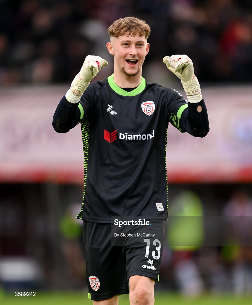 10 October 2026; Derry City goalkeeper Tom Norcott celebrates following the Club Orange Men's FAI Cup semi-final match between Galway and Derry City at Eamonn Deacy Park in Galway. Photo by Stephen McCarthy/Sportsfile