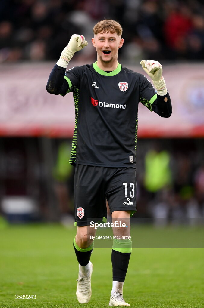 10 October 2026; Derry City goalkeeper Tom Norcott celebrates following the Club Orange Men's FAI Cup semi-final match between Galway and Derry City at Eamonn Deacy Park in Galway. Photo by Stephen McCarthy/Sportsfile
