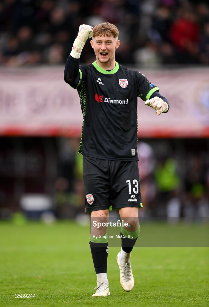 10 October 2026; Derry City goalkeeper Tom Norcott celebrates following the Club Orange Men's FAI Cup semi-final match between Galway and Derry City at Eamonn Deacy Park in Galway. Photo by Stephen McCarthy/Sportsfile