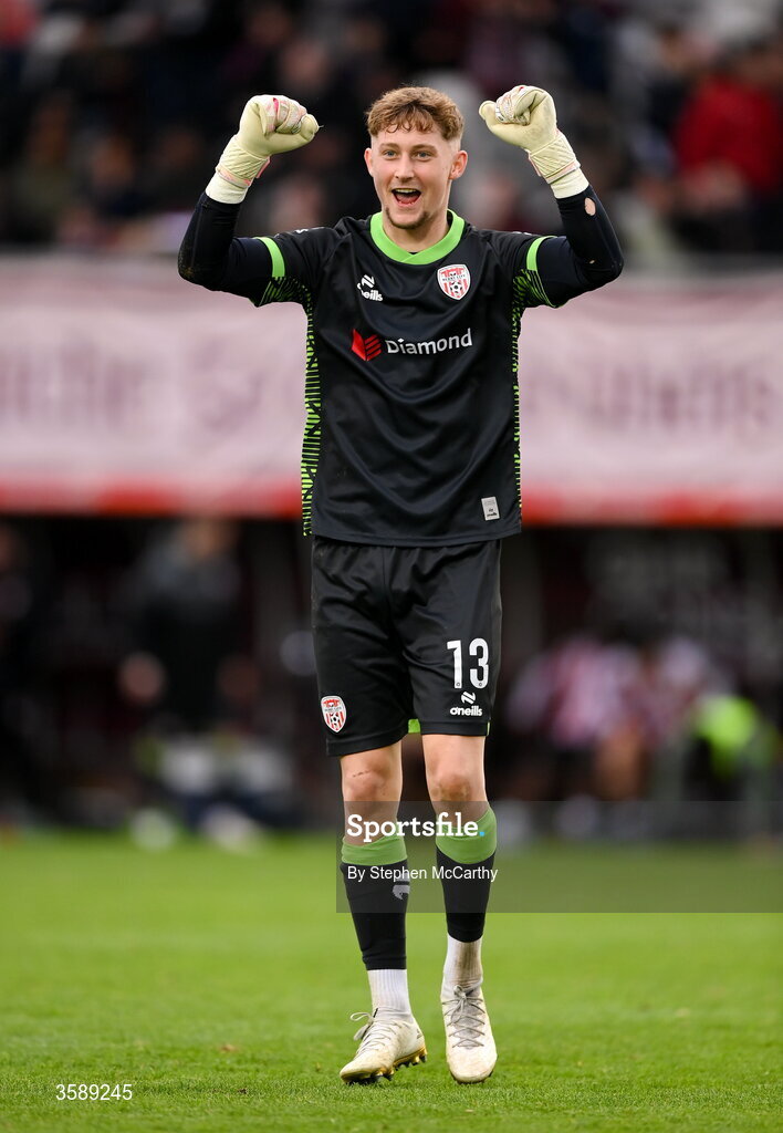 10 October 2026; Derry City goalkeeper Tom Norcott celebrates following the Club Orange Men's FAI Cup semi-final match between Galway and Derry City at Eamonn Deacy Park in Galway. Photo by Stephen McCarthy/Sportsfile