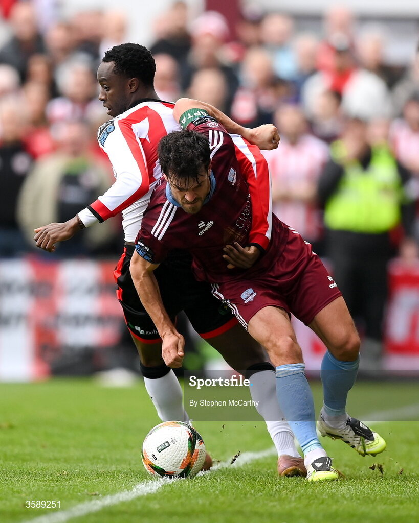 10 October 2026; Jimmy Keohane of Galway United in action against James Olayinka of Derry City during the Club Orange Men's FAI Cup semi-final match between Galway and Derry City at Eamonn Deacy Park in Galway. Photo by Stephen McCarthy/Sportsfile