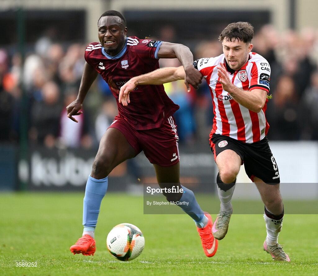 10 October 2026; Adam O'Reilly of Derry City in action against Francely Lomboto of Galway United during the Club Orange Men's FAI Cup semi-final match between Galway and Derry City at Eamonn Deacy Park in Galway. Photo by Stephen McCarthy/Sportsfile