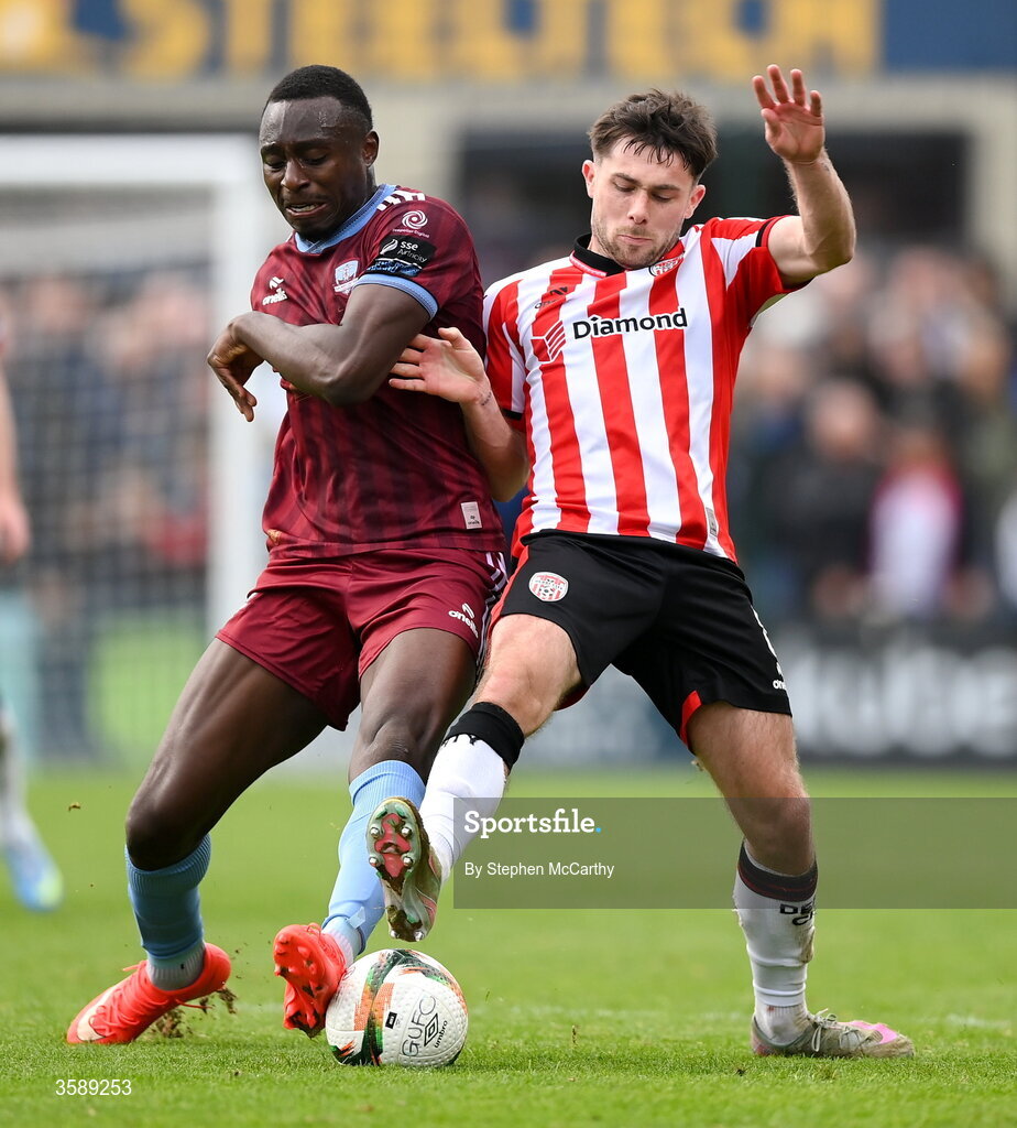 10 October 2026; Adam O'Reilly of Derry City in action against Francely Lomboto of Galway United during the Club Orange Men's FAI Cup semi-final match between Galway and Derry City at Eamonn Deacy Park in Galway. Photo by Stephen McCarthy/Sportsfile