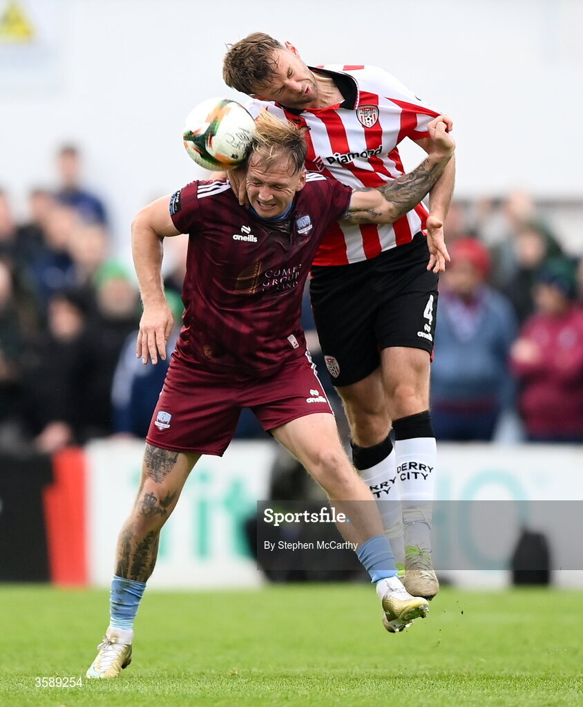 10 October 2026; Stephen Walsh of Galway United in action against Jamie Stott of Derry City during the Club Orange Men's FAI Cup semi-final match between Galway and Derry City at Eamonn Deacy Park in Galway. Photo by Stephen McCarthy/Sportsfile