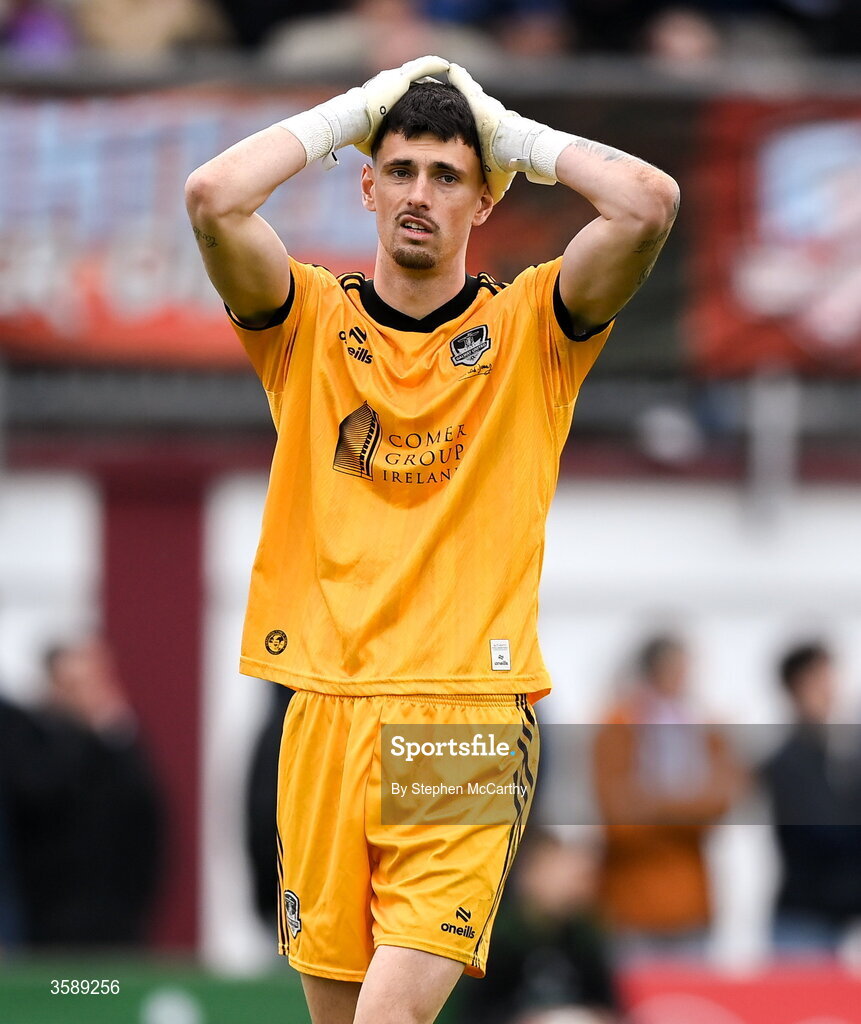 10 October 2026; Galway United goalkeeper Hugo Pires Da Cunha reacts during the Club Orange Men's FAI Cup semi-final match between Galway and Derry City at Eamonn Deacy Park in Galway. Photo by Stephen McCarthy/Sportsfile