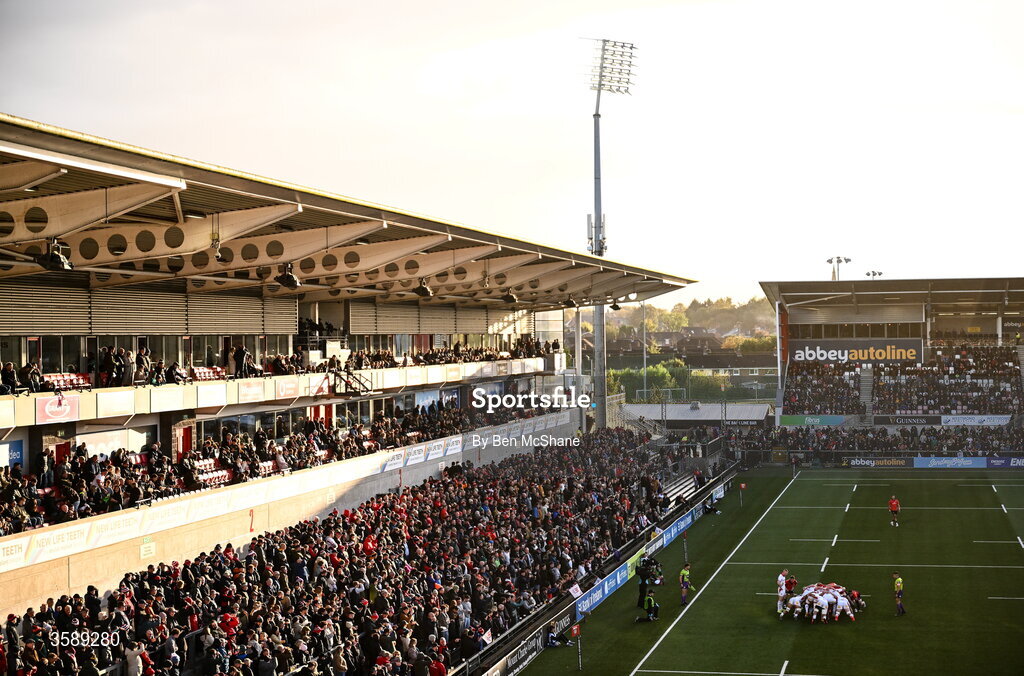10 October 2026; A general view of a scrum during the United Rugby Championship match between Ulster and Munster at Affidea Stadium in Belfast. Photo by Ben McShane/Sportsfile