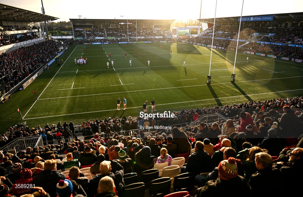 10 October 2026; A general view of the action during the United Rugby Championship match between Ulster and Munster at Affidea Stadium in Belfast. Photo by Ben McShane/Sportsfile