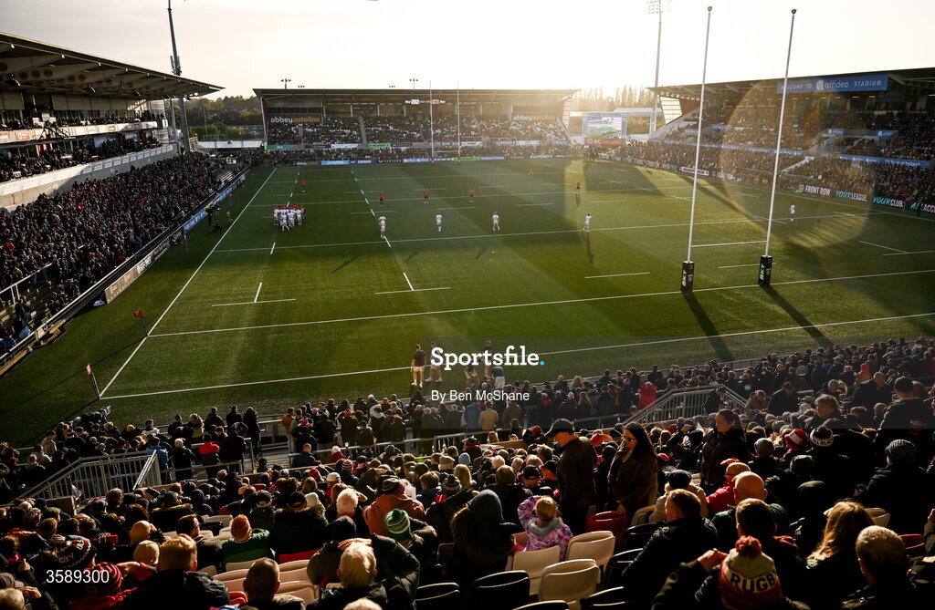 10 October 2026; A general view of the action during the United Rugby Championship match between Ulster and Munster at Affidea Stadium in Belfast. Photo by Ben McShane/Sportsfile