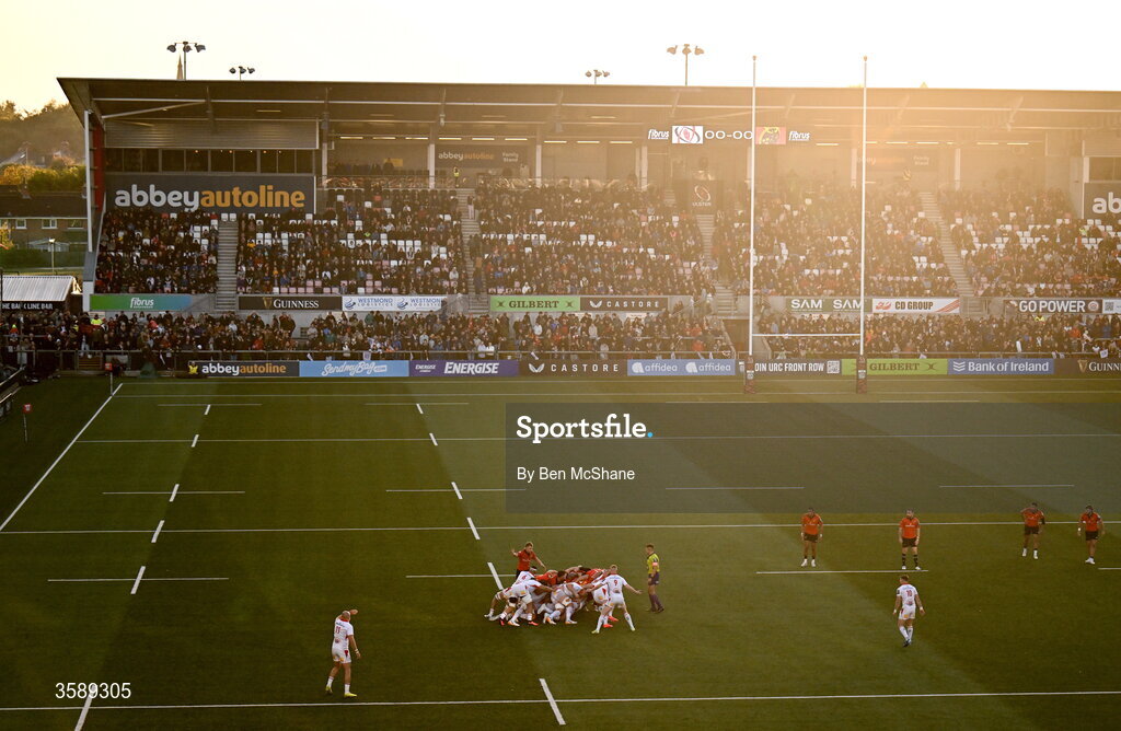 10 October 2026; A general view of a scrum during the United Rugby Championship match between Ulster and Munster at Affidea Stadium in Belfast. Photo by Ben McShane/Sportsfile