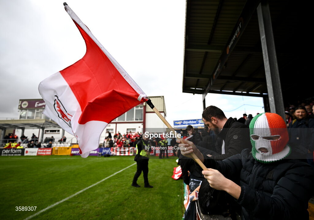 10 October 2026; A Derry City supporter before the Club Orange Men's FAI Cup semi-final match between Galway and Derry City at Eamonn Deacy Park in Galway. Photo by Stephen McCarthy/Sportsfile