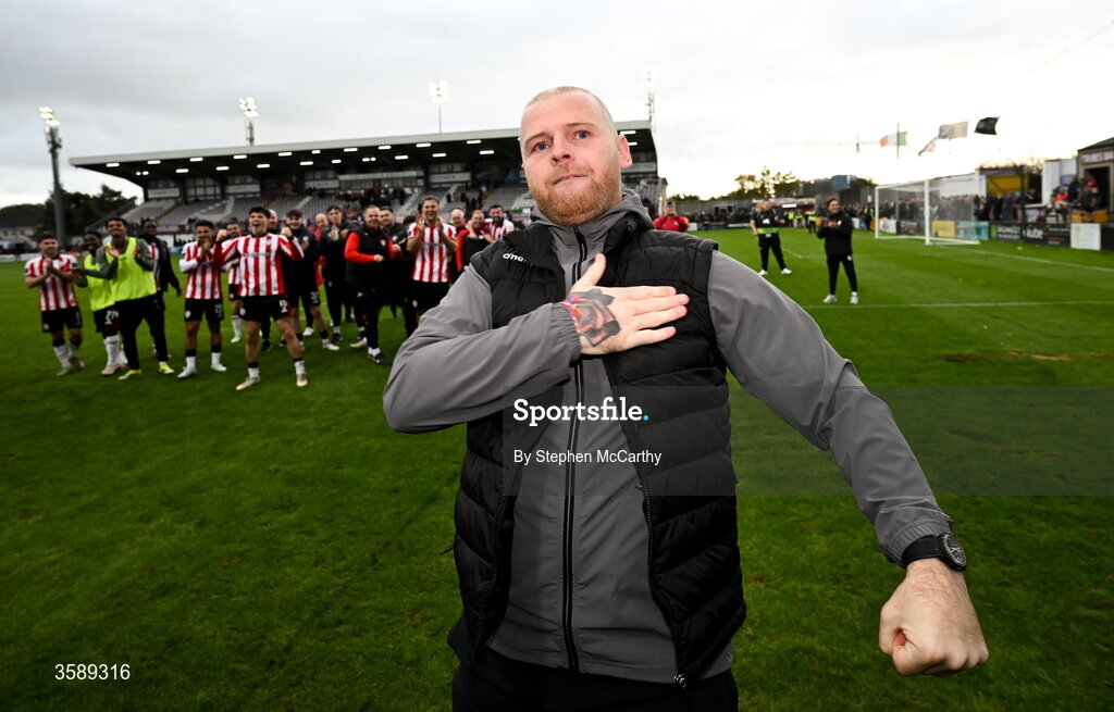 10 October 2026; Derry City interim manager Mark Connolly celebrates following the Club Orange Men's FAI Cup semi-final match between Galway and Derry City at Eamonn Deacy Park in Galway. Photo by Stephen McCarthy/Sportsfile