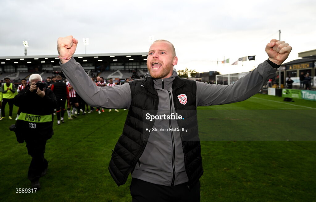 10 October 2026; Derry City interim manager Mark Connolly celebrates following the Club Orange Men's FAI Cup semi-final match between Galway and Derry City at Eamonn Deacy Park in Galway. Photo by Stephen McCarthy/Sportsfile