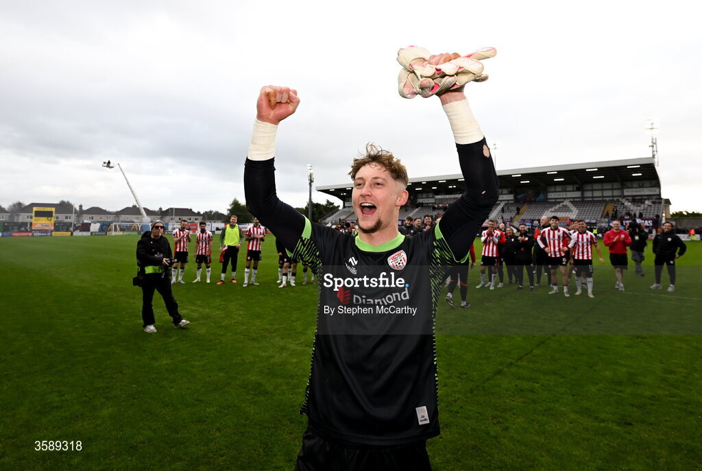 10 October 2026; Derry City goalkeeper Tom Norcott celebrates following the Club Orange Men's FAI Cup semi-final match between Galway and Derry City at Eamonn Deacy Park in Galway. Photo by Stephen McCarthy/Sportsfile