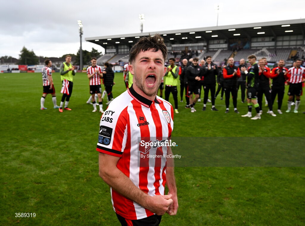 10 October 2026; Adam O'Reilly of Derry City celebrates following the Club Orange Men's FAI Cup semi-final match between Galway and Derry City at Eamonn Deacy Park in Galway. Photo by Stephen McCarthy/Sportsfile