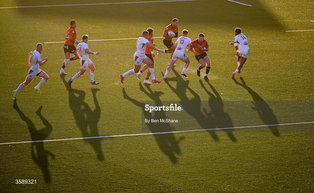 10 October 2026; Dan Kelly of Munster, centre, gathers possession as he attempts to make a break during the United Rugby Championship match between Ulster and Munster at Affidea Stadium in Belfast. Photo by Ben McShane/Sportsfile